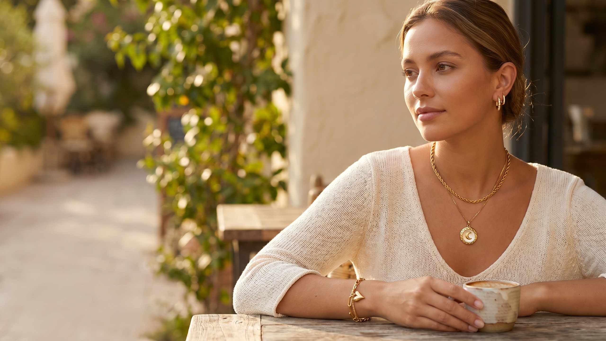 Woman wearing Glozya gold-plated jewelry at an outdoor cafe